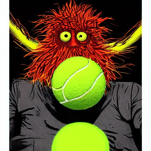 Image similar to a tennis ball monster, tennis ball, dark, chalky, stanger things, digital art, fantasy, magic, trending on artstation, ultra detailed, professional illustration by Basil Gogos