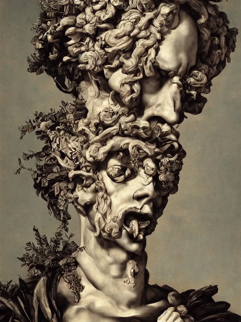Prompt: Detailed maximalist portrait a Greek god bust with large lips and with large white eyes, angry, fleshy botany, HD mixed media 3d collage, highly detailed and intricate, surreal illustration in the style of Caravaggio, dark art, baroque