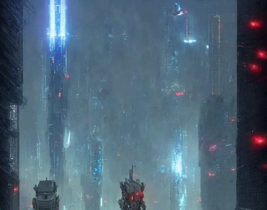 Prompt: a gigantic robot with red eyes shooting neon blue lasers at skyscrapers as it marches across a metropolis, by greg rutkowski and moebius, epic, hyper detailed, horror