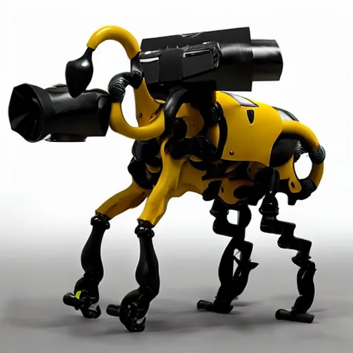 Prompt: realistic quadruped robot with banana launchers