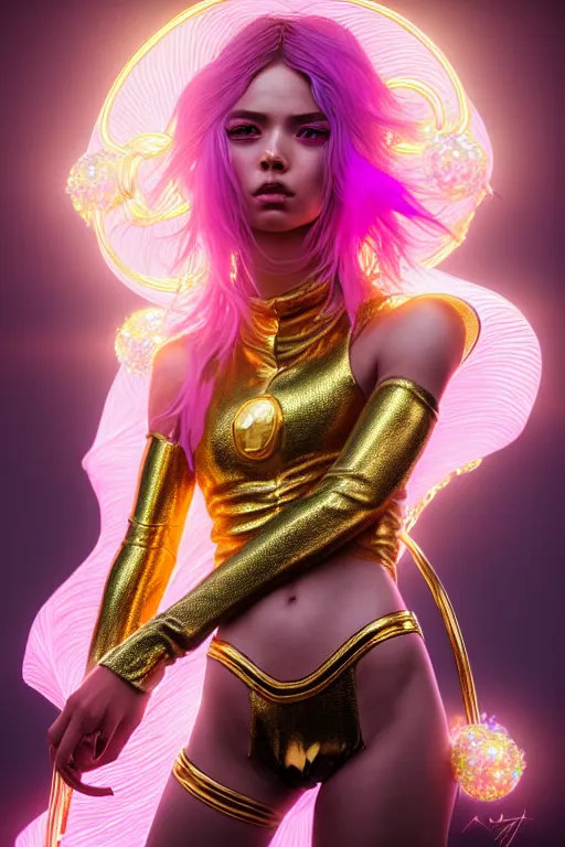 Prompt: hyperdetailed portrait of a stunningly beautiful european girl androgynous guard made of iridescent metals shiny pink gems, bright rainbow gold nimbus, inspired by ross tran and wlop and masamune shirow and kuvshinov, concept art, intricate, photorealistic, octane render, rtx, hdr, unreal engine, dnd digital art by artgerm
