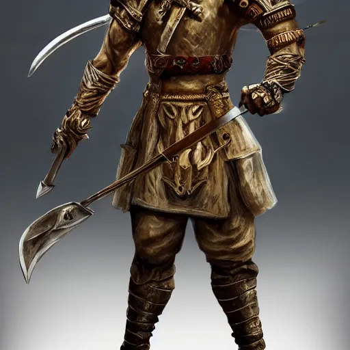 Image similar to full body portrait of a human fighter folk hero with a talking great sword, fantasy, medieval, intricate details, heroic pose, cinematic, hyper realistic, the most normal human ever, tall