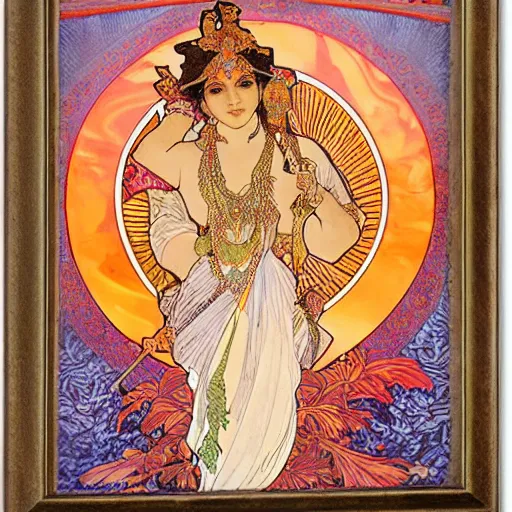 Prompt: hindu goddess of firespinning, by alphonse mucha, burning man, intricate