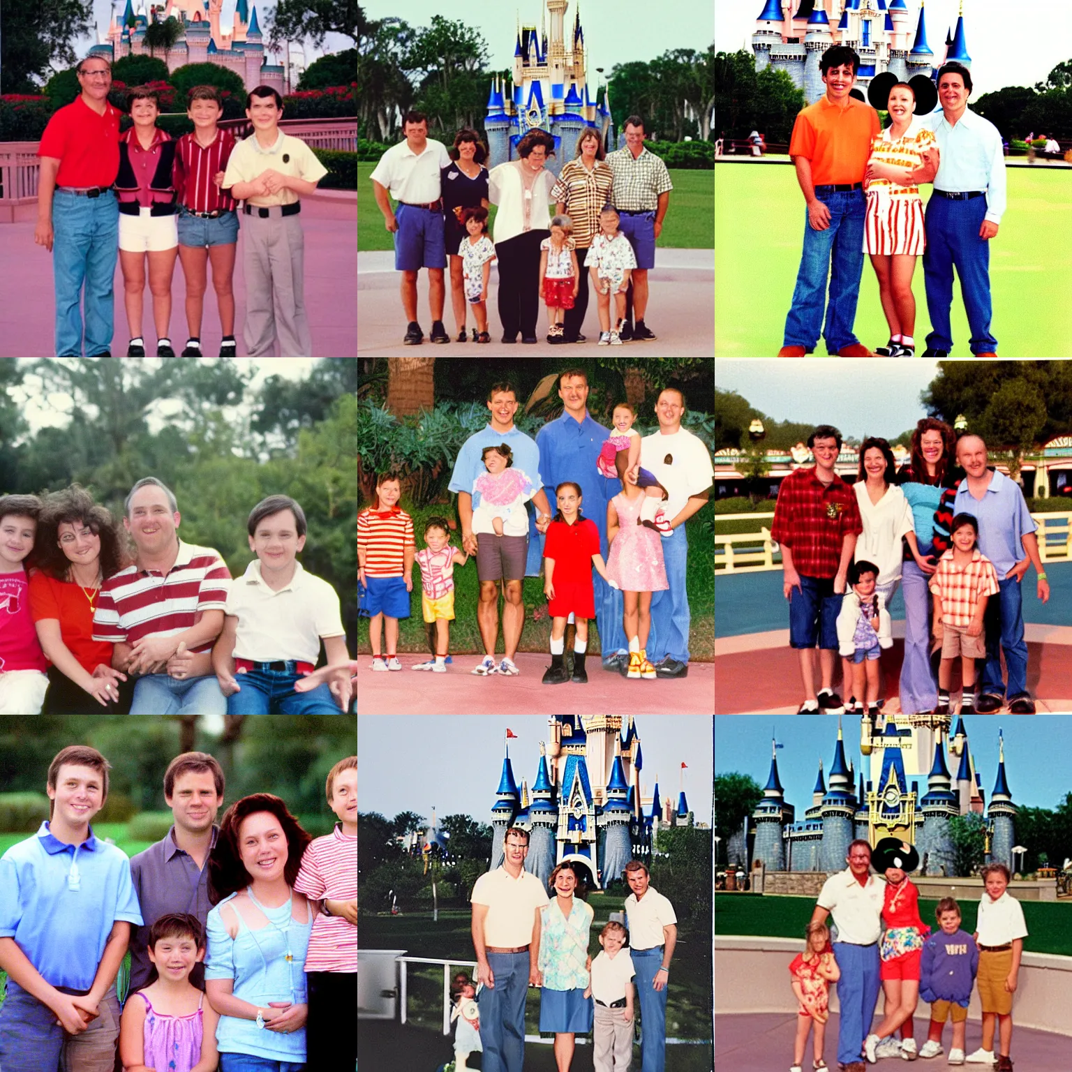 Prompt: Family photograph at Disney World in the 1990s