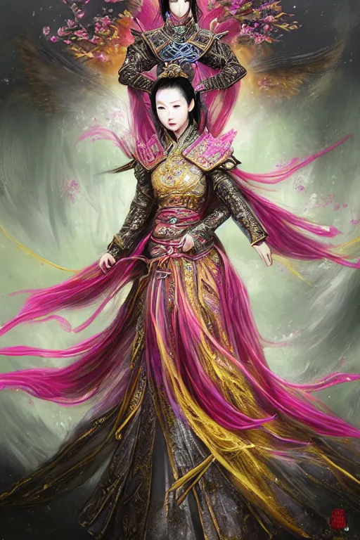 Image similar to beautiful ancient fantasy portrait of wuxia armored heroine, Liu Yifei, Zhao Lu Si wearing like Xian Xia wardrobe, in forbidden City, hybrid from Dynasty Warriror, flowers sea rainning everywhere, intricate, very very beautiful, elegant, highly detailed, digital painting, beautiful glowing galaxy eyes, artstation, fantasy concept art, smooth, sharp focus, illustration, art by alphonse mucha and WLOP and tian zi