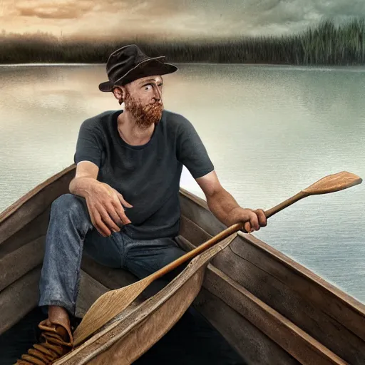 Image similar to hyperrealistic mixed media image of Early Cuyler on a rowboat, stunning 3d render inspired art by István Sándorfi and Greg Rutkowski, perfect facial symmetry, realistic, highly detailed attributes and atmosphere, dim volumetric cinematic lighting, 8k octane extremely hyper-detailed render, post-processing, masterpiece,