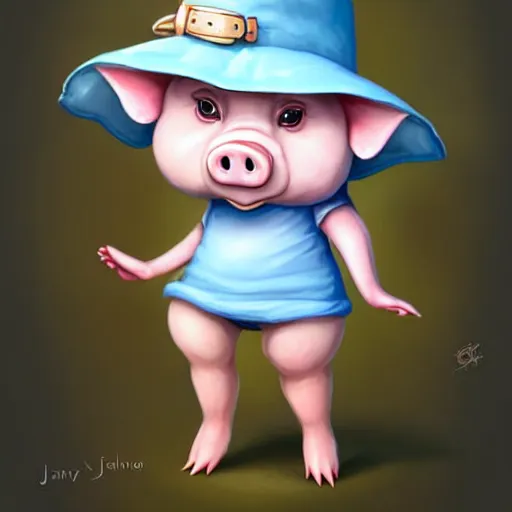 Image similar to cute little anthropomorphic funny female pig wearing shorts, a sunhat, boots and a pale blue shirt!! tiny!! fully clothed!!! small, short, cute and adorable, character art portrait, matte fantasy painting, deviantart artstation, by jason felix by steve argyle by tyler jacobson by peter mohrbacher, cinema