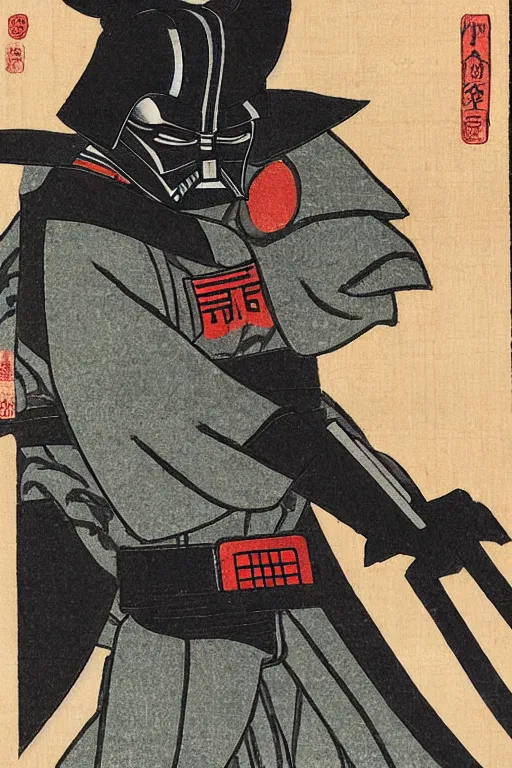 Image similar to Japanese woodblock print of Darth Vader holding a samurai sword , Hokusai