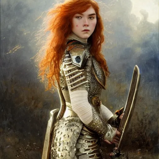 Image similar to young redheaded florence pugh, wearing black ornamented medieval armour, detailed, by gaston bussiere, bayard wu, greg rutkowski, giger, maxim verehin, greg rutkowski, masterpiece, sharp focus,