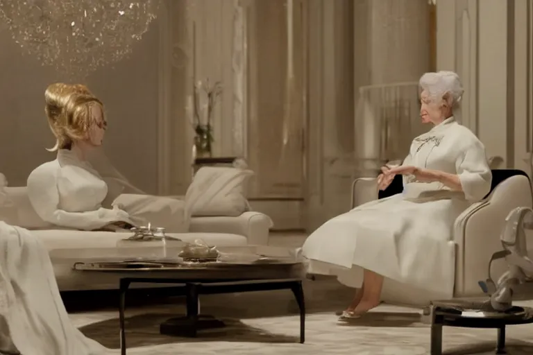 Prompt: VFX movie of old woman applauding sleek futuristic butler robot in a decadent living room by Emmanuel Lubezki