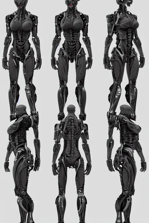 Image similar to cyborg mutant with gunmetal grey skin, medical anatomy, very symmetrical face, highly detailed, japanese mecha implants, three - perspective / three - view reference sheet ( front / back / side ), in the style of dan ouellette, dren from splice, hr giger, sil from species, artstation, unreal engine