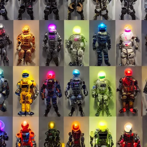 Image similar to love, diverse wall of cybersuits, from behind, many rituals, wide wide angle, vivid, elaborate, highly detailed, beautiful lighting