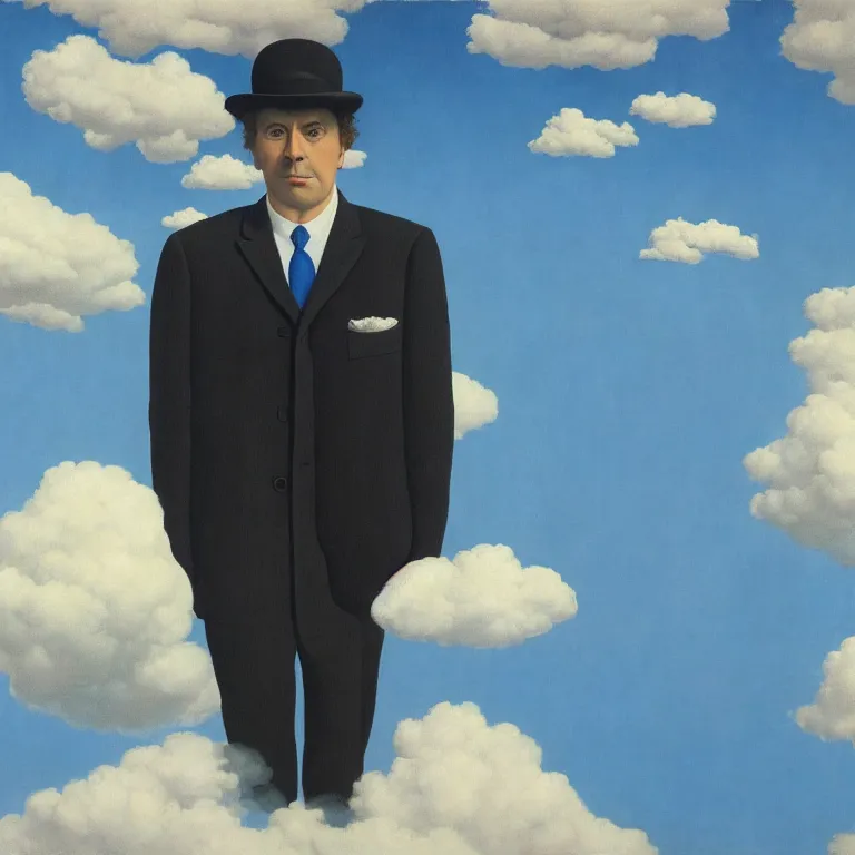 Image similar to portrait of a man made out of clouds in a suit, by rene magritte, detailed painting, hd, hq, high resolution, high detail, 4 k, 8 k