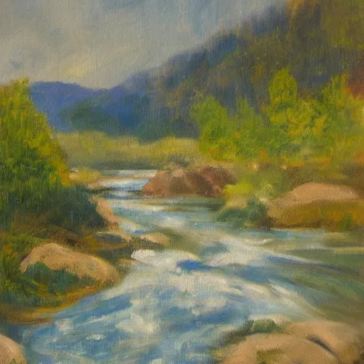 Prompt: a beautifully detailed impressionist painting of a winding river, oils on canvas