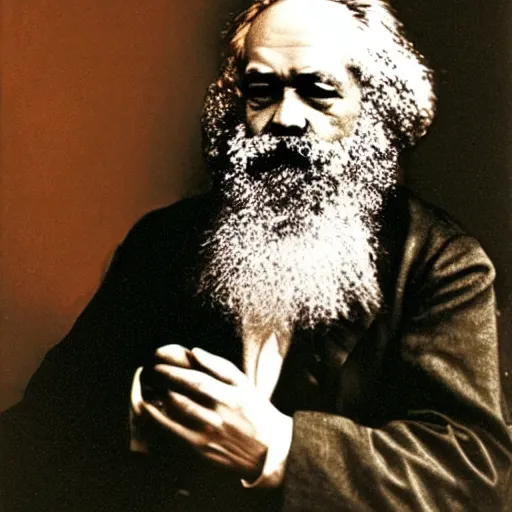 Prompt: Karl Marx pondering his orb, technicolor