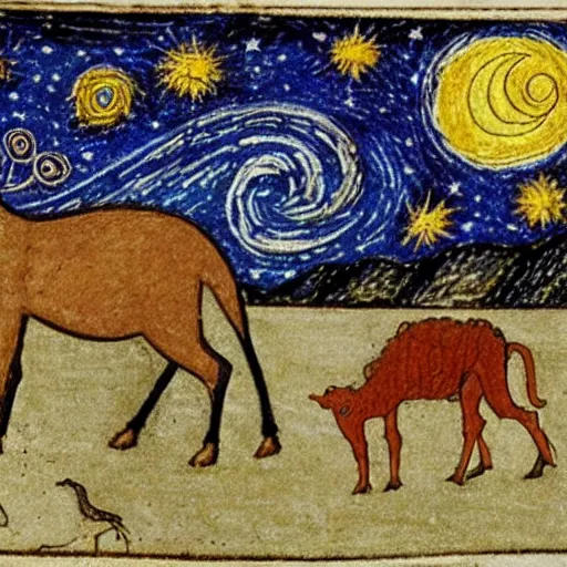 Prompt: a medieval drawing of three cows, a bear, a camel, a unicorn, and a stag all together on some grass looking at a starry night sky