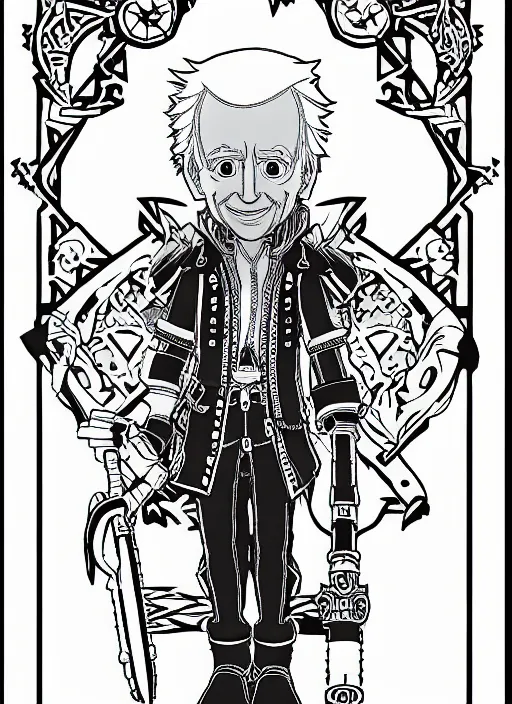 Image similar to joe biden as a kingdom hearts keyblade wielder, official square enix line art artwork, intricate design, high definition, delicate patterned, fashionable rpg clothing