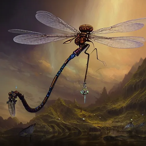 Prompt: hyperreal ultra detailed intricate mechanical clockwork dragonfly by peter mohrbacher and dan mumford, cgsociety, volumetric light