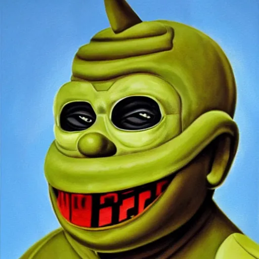 Image similar to beautiful lifelike painting of mf doom as the teletubbies, hyperreal detailed facial features and uv lighting, art by ed roth and basil wolverton