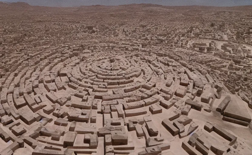 Prompt: high quality 2000s historic footage of gigantic labyrinth in the desert buildings in liminal space style and megalith, color aerial photo drone, Cinestill 800t, heavy grainy picture, very detailed, high quality, 4k panoramic