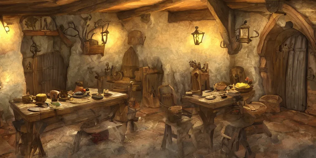 Prompt: medieval cottage interior, pixar animation