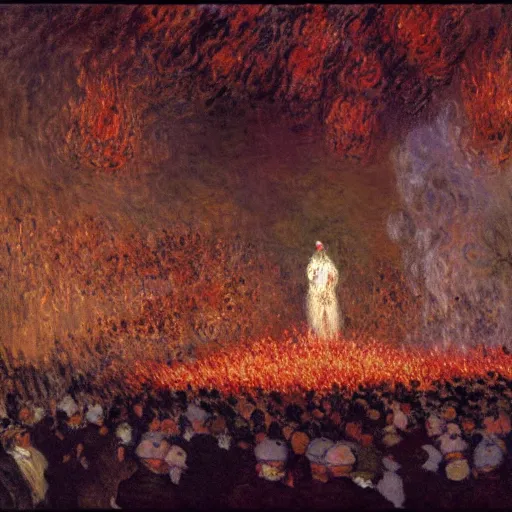 Prompt: of a man taking on fire during an Mozart opera by claude monet