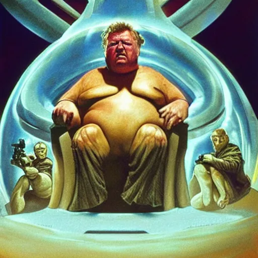 Image similar to ray winstone as baron harkonnen sitting on throne in dystopian science fiction hall in 1982 movie dune, by boris vallejo