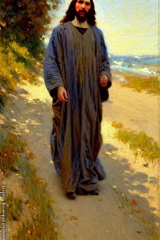 Image similar to impressionist brushstrokes!!!!!!!!! solomon joseph solomon and richard schmid and jeremy lipking victorian loose genre loose painting full length portrait painting of jesus with a slight smile happy inviting