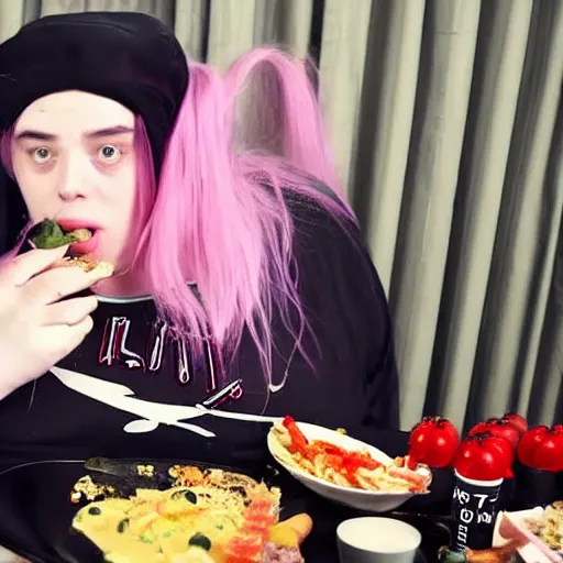 Image similar to morbidly obese billie eilish doing mukbang on video