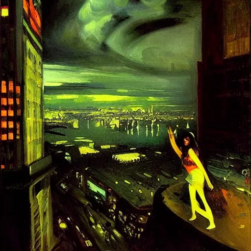 Image similar to “ a girl looking down at a futuristic!!!!!! new york city below, ghostpunk!!!!, neon lights, storm clouds, rain!!!!!!, oil painting, by george bellows ”