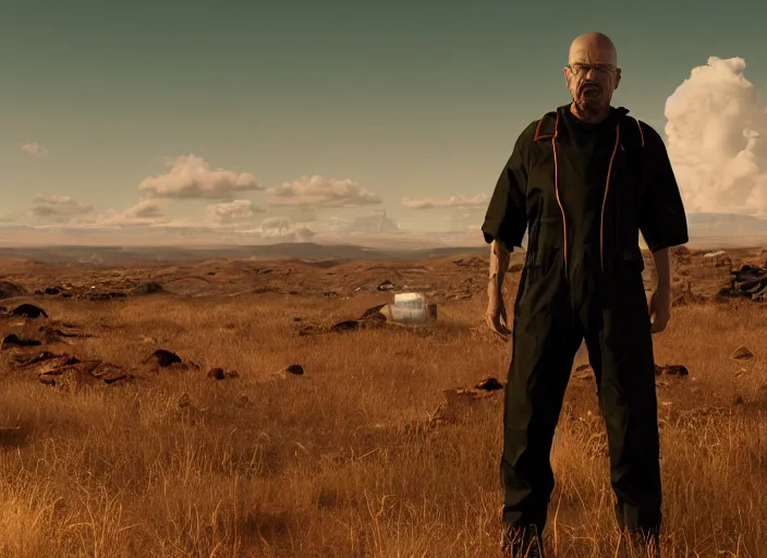 Image similar to film still of Walter White as Gordan Freeman wearing Black Mesa Jumpsuit in the Half Life Movie, 4k