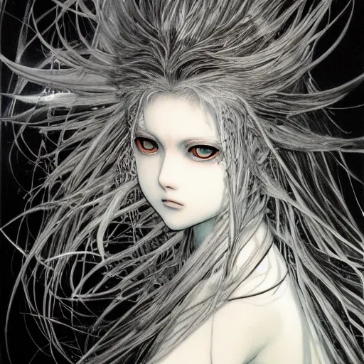Prompt: Yoshitaka Amano realistic illustration of an anime girl with black eyes, wavy white hair fluttering in the wind and cracks on her face wearing elden ring armor with engraving, abstract black and white patterns on the background, noisy film grain effect, highly detailed, Renaissance oil painting, weird camera angle, blurred lost edges, three quarter view