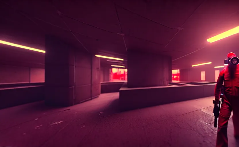 Image similar to in-game screenshot of a dark red hazmat scientist holding a gun walking on unreal engine 5, in a liminal underground garden, photorealistic, octane render, retrofuturism, brutalism, staggered terraces, minimalist, soft vintage glow