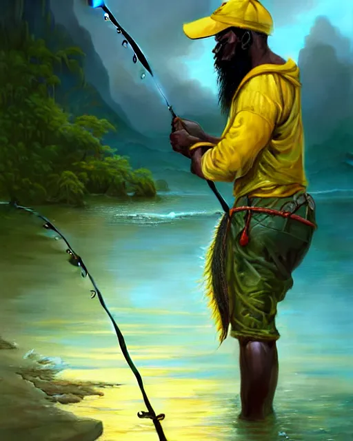 Image similar to fisherman, male, Jamaican, wide angle, yellows blacks greens reds, magical fishing rod weapon, D&D, fantasy, intricate, elegant, highly detailed, digital painting, artstation, octane render, concept art, matte, sharp focus, illustration, hearthstone, art by Artgerm and Greg Rutkowski and Alphonse Mucha