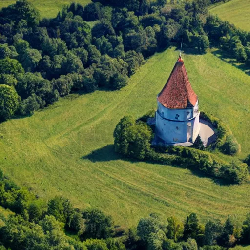 Image similar to Belltower of Burg Güssing in Südburgenland. Aerial photograph of landart installation by Christo Vladimirov Javacheff.