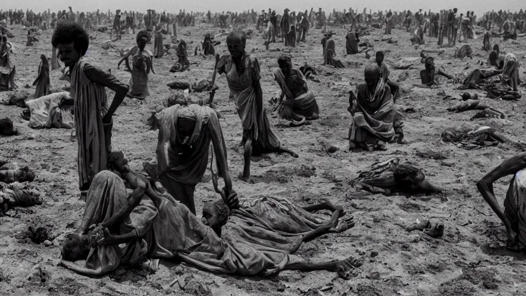 Image similar to 1984 Ethiopian biblical famine and drought as seen in Western newspapers, moody, dark, movie scene, hd, 4k, wide shot