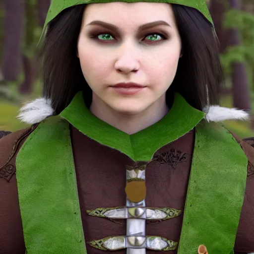 Prompt: anya charlota as a medieval fantasy elf, dark purplish hair tucked behind ears, wearing a green tunic with a fur lined collar and brown leather armor, wide, muscular build, scar across nose, one black, scaled arm, cinematic, character art, digital art, forest background, realistic. 8 k, 3 d render.