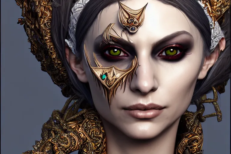 Image similar to a full portrait of a beautiful woman wearing, wearing extremely detailed attire, slim complexity, extremely detailed white eyes, medievil, dnd, extremely detailed, high quality, trending on artstation, photo realistic