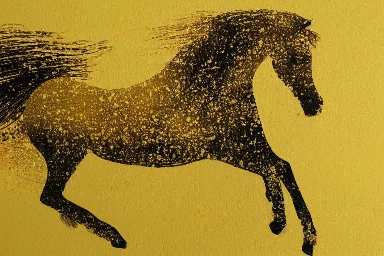 Prompt: beautiful serene horse, healing through motion, minimalistic golden ink aribrush painting on white background