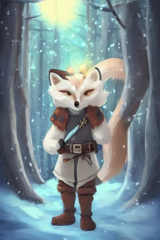 Image similar to a pretty medieval anthropomorphic snow fox ranger with a fluffy tail in the forest, comic art, trending on furaffinity, cartoon, kawaii, backlighting, furry art!!!, radiant light, bokeh, trending on artstation, digital art