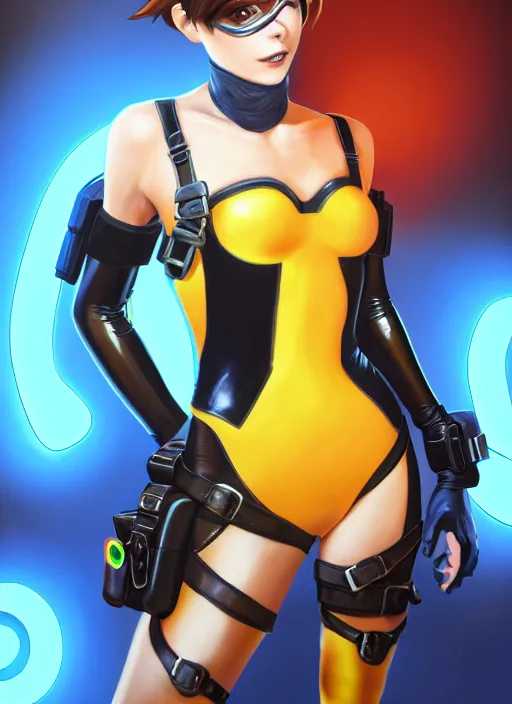 Prompt: oil painting digital artwork of tracer overwatch, confident pose, wearing black iridescent rainbow latex, 4 k, expressive happy smug expression, makeup, in style of mark arian, wearing leather collar, wearing sleek full body armor, black leather harness, expressive detailed face and eyes,