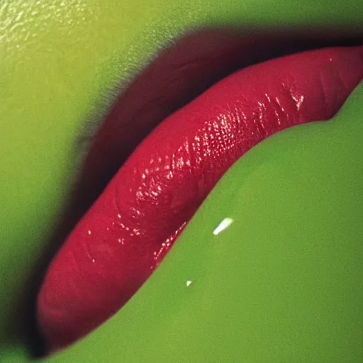 Prompt: medium shot open human mouth with thick viscous green liquid pouring out, thick red lips, human staring blankly ahead, melancholy, unsettling, art house film aesthetic, color grain 3 5 mm, hyperrealism