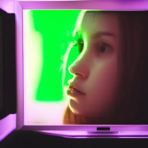 Image similar to realistic composition of closeup of a girl face in dark room at old crt monitor, we can see green letter reflected on her face, photo shot on an old film