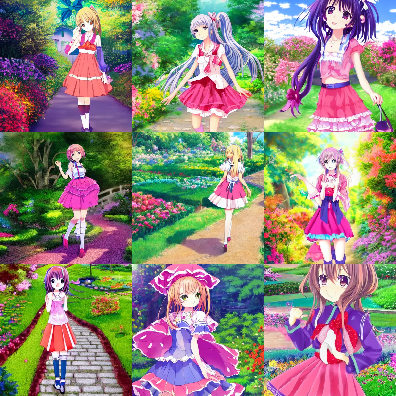 Prompt: cute art of anime girl idol with colorful dress, walking at the garden, detailed