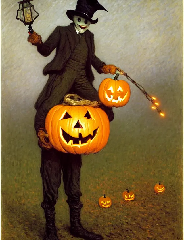 Image similar to a scarecrow with a jack - o - lantern head, holding a lantern, as a matte oil painting and d & d character art, by gustave caillebotte, standing, fullbody, flying bats, loose pages, concept art, award - winning, extremely detailed, sharp focus