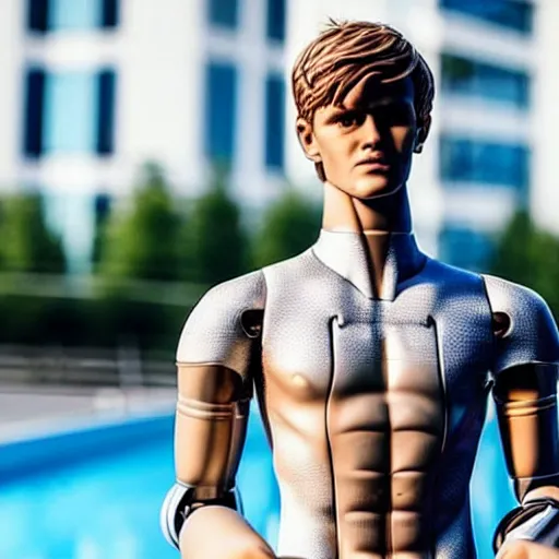 Image similar to a realistic detailed photo of a guy who is an attractive humanoid who is half robot and half humanoid, who is a male android, soccer player martin ødegaard, shiny skin, posing like a statue, blank stare, by the pool, on display, showing off his muscles, humanoid robot