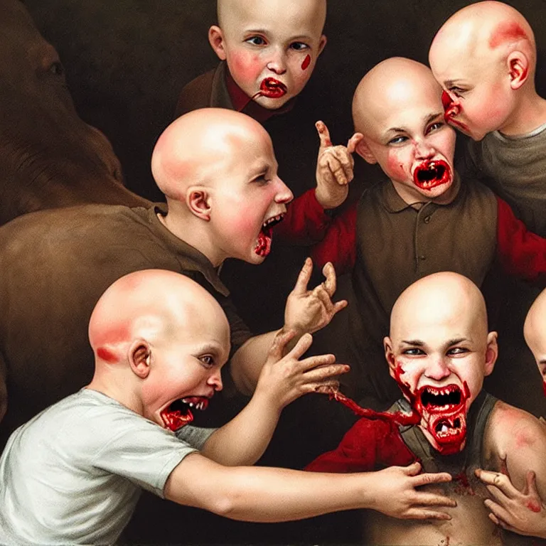 Image similar to bald kid gathering blood from the mouth of a 3 headed demon cow, realistic