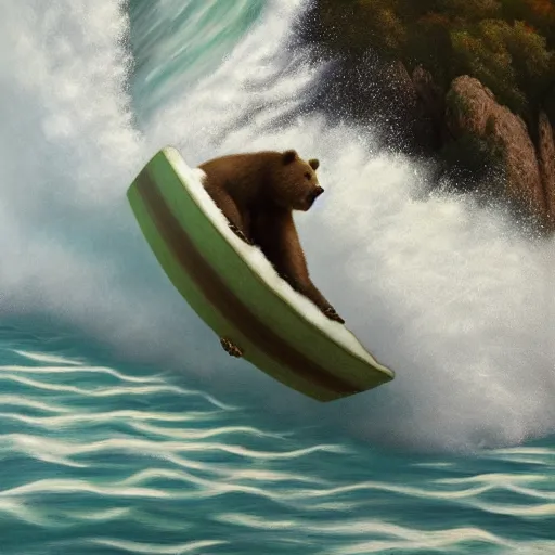 Prompt: hyperrealist bear surfing