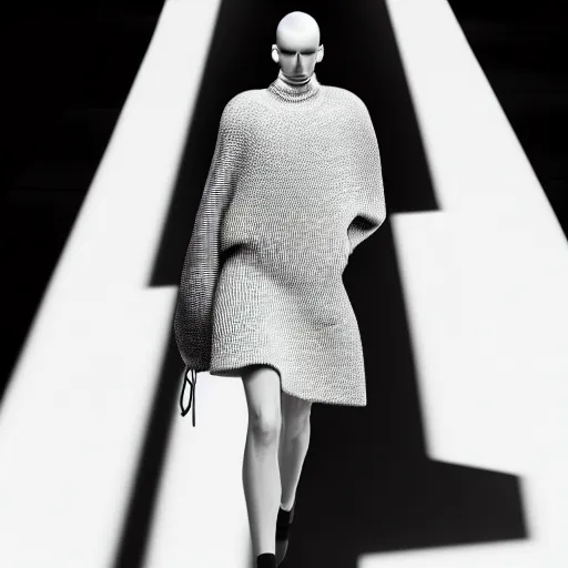 Prompt: still photo of balenciaga fashion show, black and white color aesthetic, highly detailed, photorealistic portrait, bright studio setting, studio lighting, crisp quality and light reflections, unreal engine 5 quality render