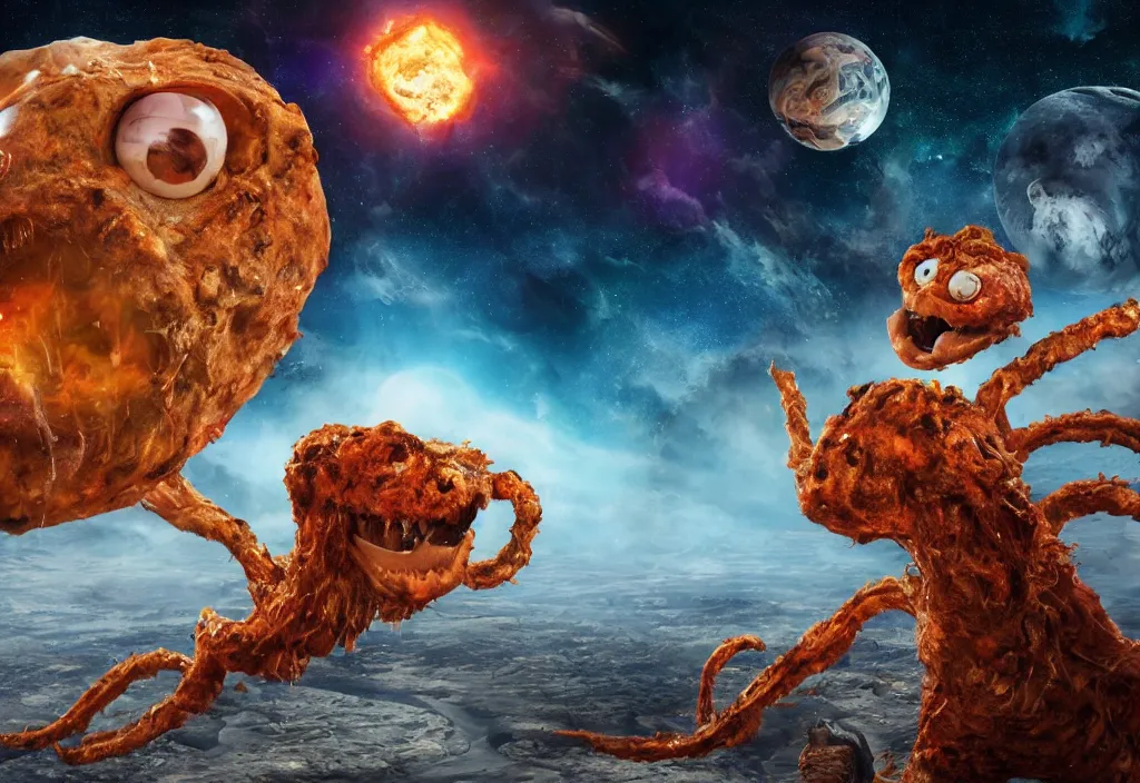 Image similar to eldritch horror bloody garfield in space, hd, 8 k, giant, epic, realistic photo, unreal engine, stars, prophecy, powerful, cinematic lighting, destroyed planet, debris, violent, sinister, ray tracing, dynamic, epic composition, dark, horrific, teeth, grotesque, monochrome drawing, hellscape